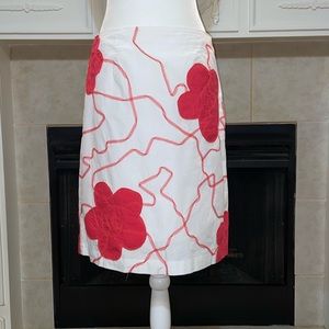 Talbots White A-line Skirt with Dark Pink Blossoms and Ribbon Trim